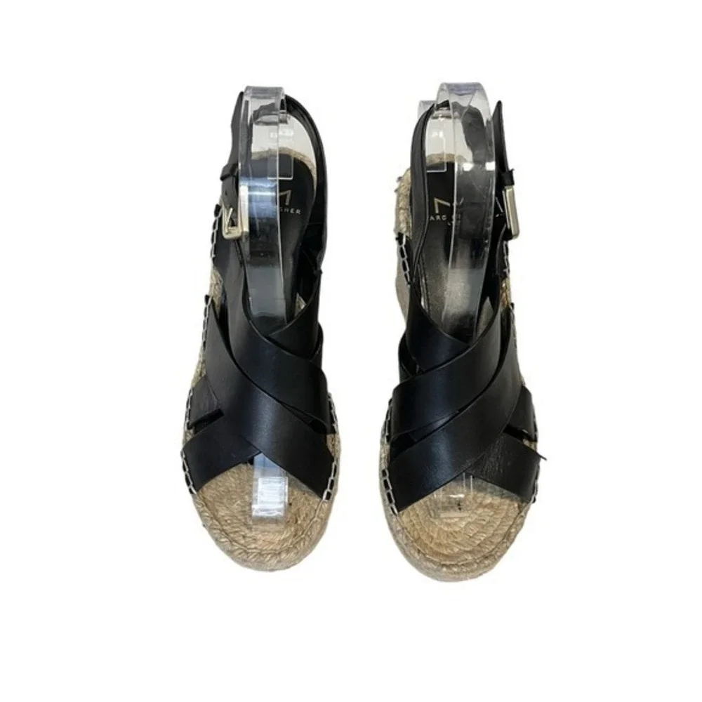 Marc Fisher LTD Wedge Sandals Womens 6.5 Alenni Espadrille Black Leather Jute‎